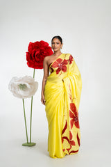 Siena yellow silk batik saree with maroon floral motifs and handcrafted beadwork by Colombo Batik